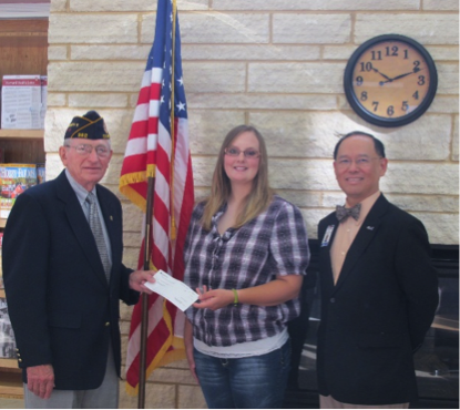 Ivan Torkelson, District Director, American Legion of Iowa Foundation, Elgin; Amy Tharp, student scholarship recipient and US Air Force Veteran, Fredericksburg; Dr. Liang Chee Wee, NICC President. 